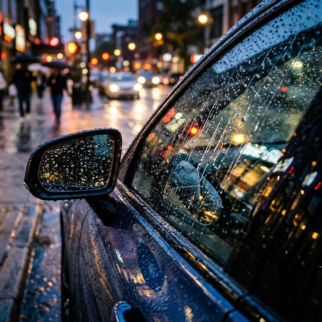 Wet weather visibility comparison showing ArmourOne Safe Glass water repellency