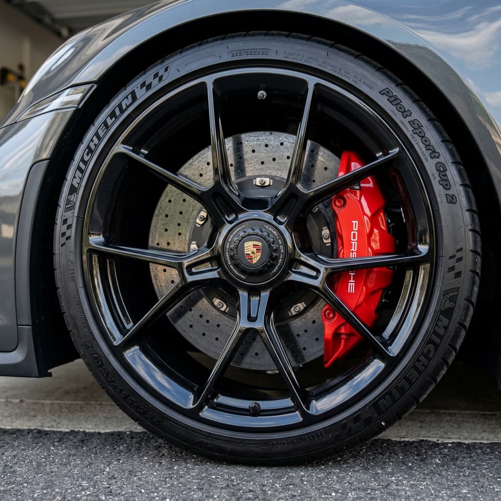 Protected wheel compared with unprotected wheel showing reduced brake dust adhesion