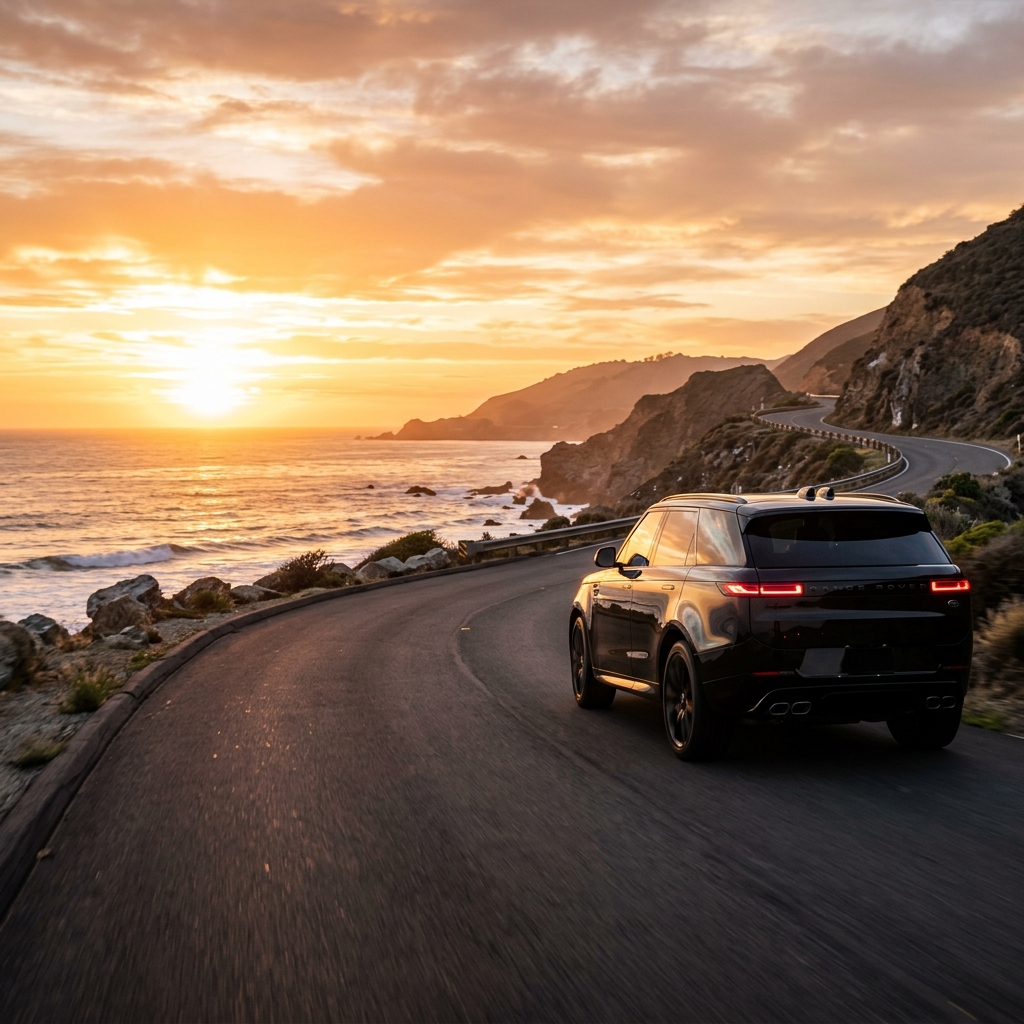 Black SUV driving along the Australian coast at sunset